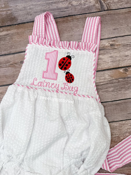 Monogrammed baby girl ruffle bubble with ladybug birthday design, baby ladybug themed birthday outfit, 1st birthday cake smash outfit