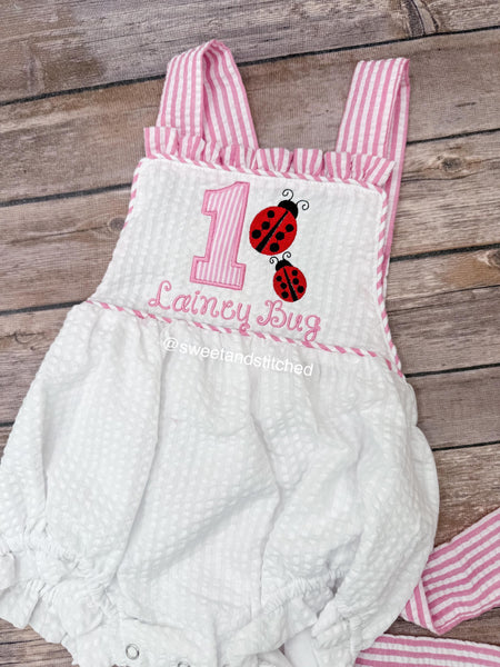 Monogrammed baby girl ruffle bubble with ladybug birthday design, baby ladybug themed birthday outfit, 1st birthday cake smash outfit