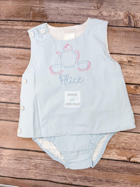 Monogrammed baby girl diaper set with tea party design, monogrammed teacups birthday outfit, cake smash outfit, tea party cake smash