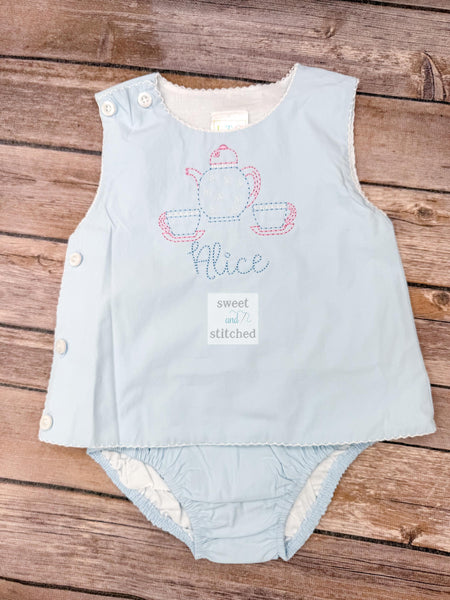 Monogrammed baby girl diaper set with tea party design, monogrammed teacups birthday outfit, cake smash outfit, tea party cake smash