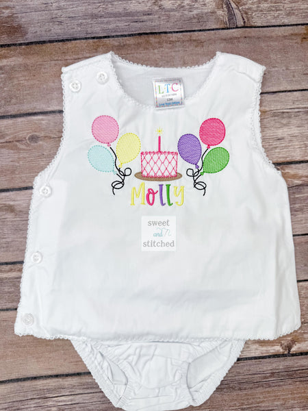 Monogrammed baby girl diaper set with rainbow balloons and cake design, monogrammed birthday outfit, colorful cake smash outfit, bloomer set