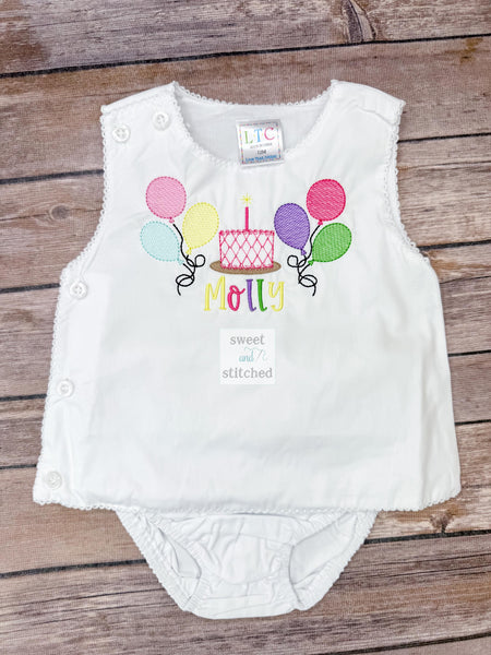 Monogrammed baby girl diaper set with rainbow balloons and cake design, monogrammed birthday outfit, colorful cake smash outfit, bloomer set
