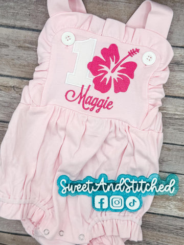 Monogrammed girls Hawaiian birthday outfit with number, name and hibiscus flower, girls Lei birthday bubble cake smash outfit,