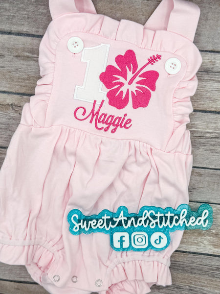 Monogrammed girls Hawaiian birthday outfit with number, name and hibiscus flower, girls Lei birthday bubble cake smash outfit,