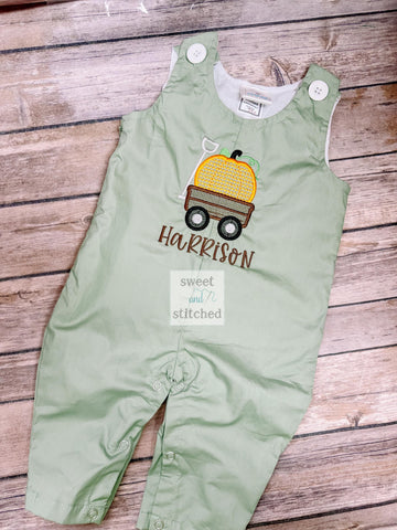 Personalized Boys Pumpkin overalls with pumpkin wagon design in sage green - fall thanksgiving Outfit