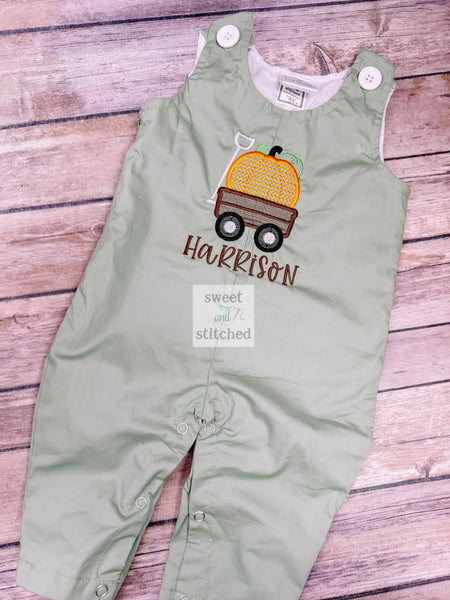 Personalized Boys Pumpkin overalls with pumpkin wagon design in sage green - fall thanksgiving Outfit