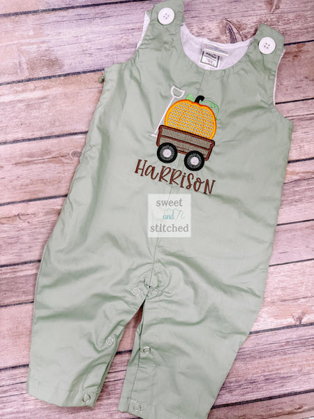 Personalized Boys Pumpkin overalls with pumpkin wagon design in sage green - fall thanksgiving Outfit