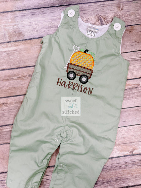Personalized Boys Pumpkin overalls with pumpkin wagon design in sage green - fall thanksgiving Outfit