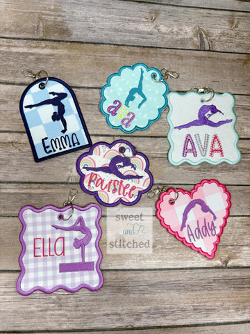 Monogrammed bag tags, gymnastics bag tags, sports bag tags, personalized bag tags