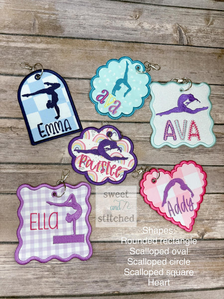 Monogrammed bag tags, gymnastics bag tags, sports bag tags, personalized bag tags