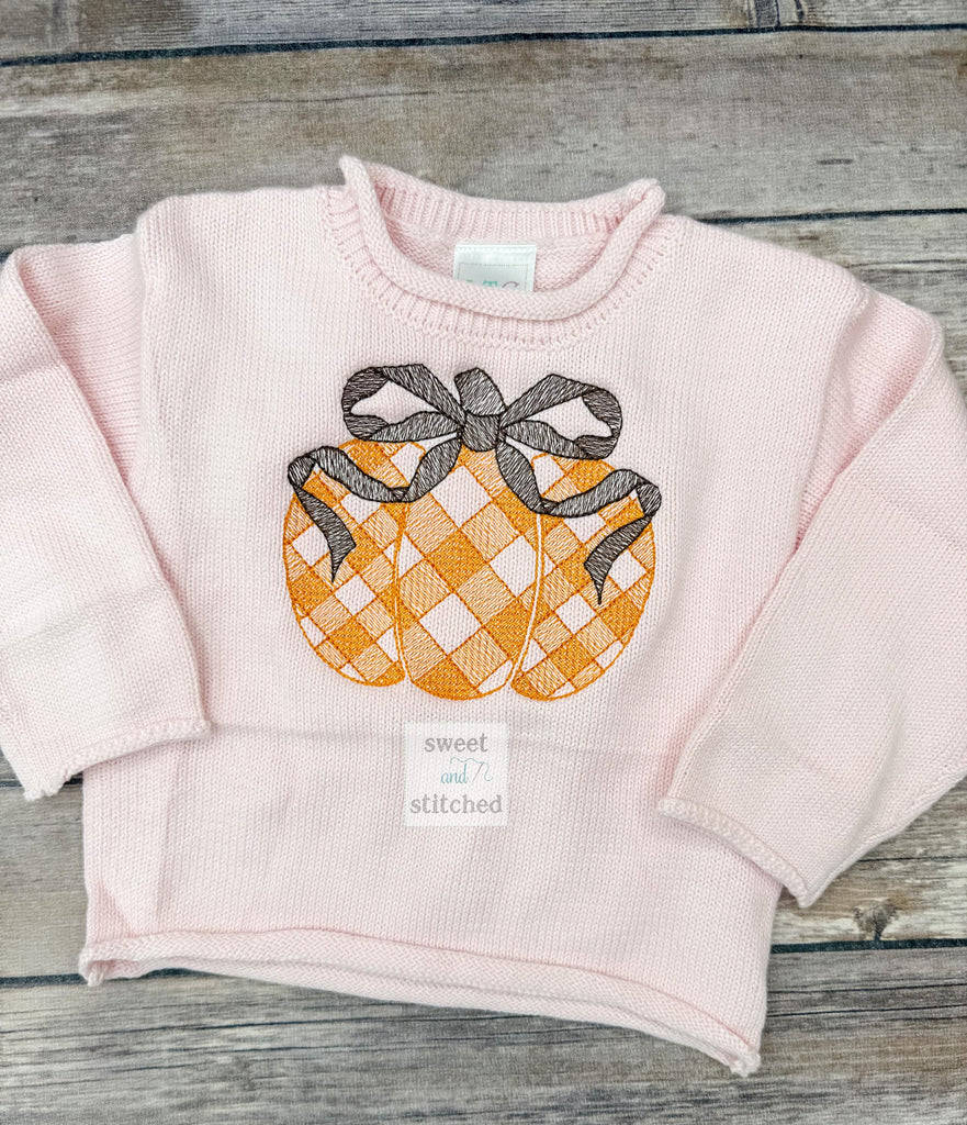 Monogrammed roll neck sweater, pink fall sweater, personalized pumpkin outfit, fall sweatshirt gingham