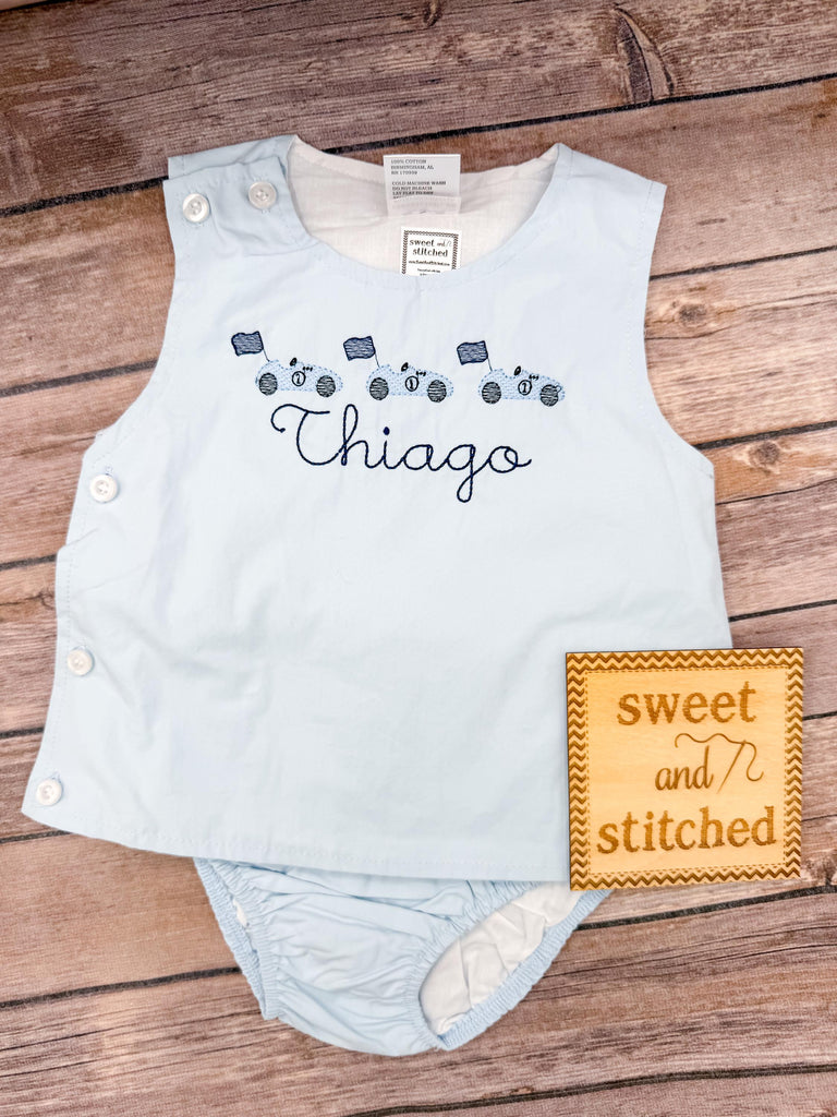 Monogrammed Baby Boy Birthday Outfit, race car themed Cake Smash Diaper Set