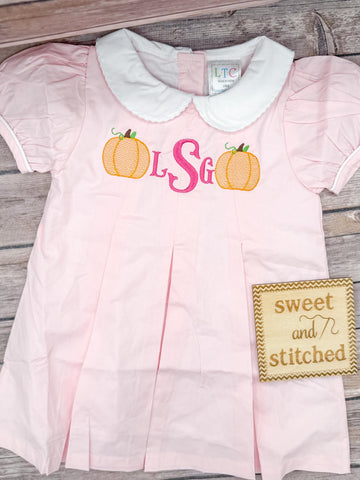 Monogrammed girls pleated dress with pumpkin monogram design, fall pumpkin patch dress, girls thanksgiving dress
