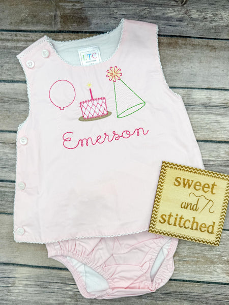Monogrammed baby girl diaper set with birthday cake trio design, monogrammed birthday outfit, cake smash outfit, bloomer set