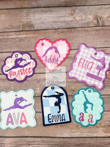 Monogrammed bag tags, gymnastics bag tags, sports bag tags, personalized bag tags