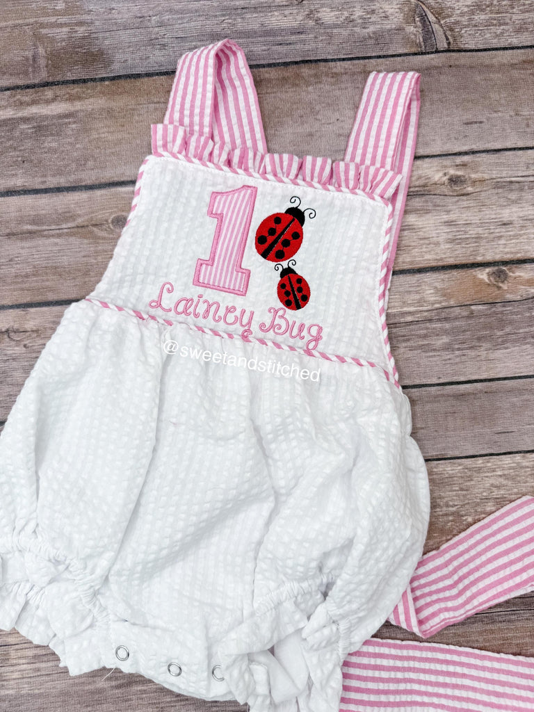 Monogrammed baby girl ruffle bubble with ladybug birthday design, baby ladybug themed birthday outfit, 1st birthday cake smash outfit
