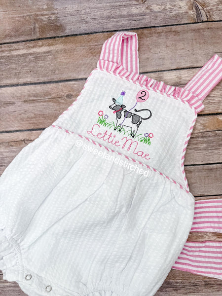 Monogrammed baby girl ruffle bubble with birthday cow design in pink and white seersucker, cow cake smash, cow 1st birthday outfit
