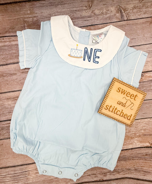 Monogrammed baby boy birthday bishop bubble, monogrammed boys cake smash romper with cake and one design