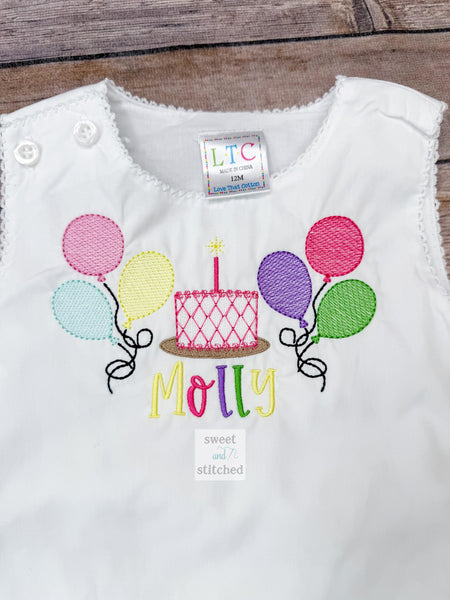 Monogrammed baby girl diaper set with rainbow balloons and cake design, monogrammed birthday outfit, colorful cake smash outfit, bloomer set