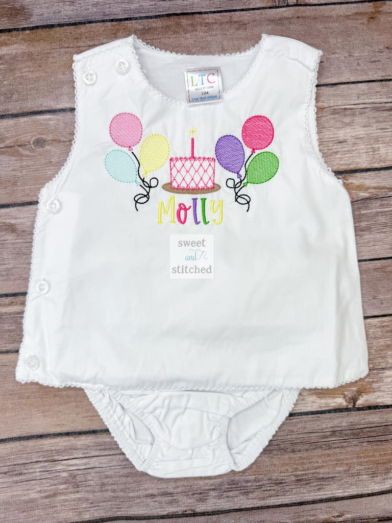 Monogrammed baby girl diaper set with rainbow balloons and cake design, monogrammed birthday outfit, colorful cake smash outfit, bloomer set