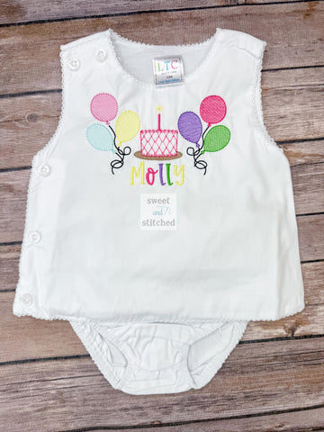 Monogrammed baby girl diaper set with rainbow balloons and cake design, monogrammed birthday outfit, colorful cake smash outfit, bloomer set