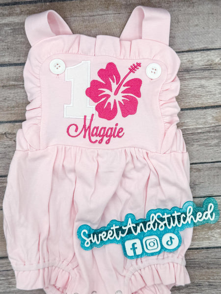 Monogrammed girls Hawaiian birthday outfit with number, name and hibiscus flower, girls Lei birthday bubble cake smash outfit,