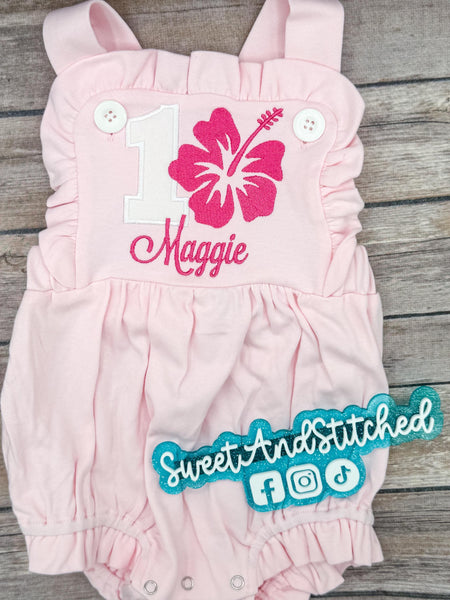 Monogrammed girls Hawaiian birthday outfit with number, name and hibiscus flower, girls Lei birthday bubble cake smash outfit,