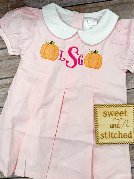 Monogrammed girls pleated dress with pumpkin monogram design, fall pumpkin patch dress, girls thanksgiving dress