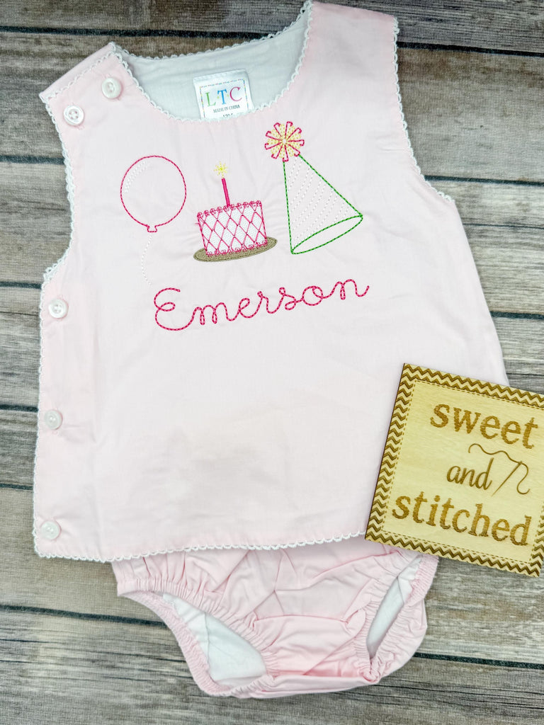 Monogrammed baby girl diaper set with birthday cake trio design, monogrammed birthday outfit, cake smash outfit, bloomer set