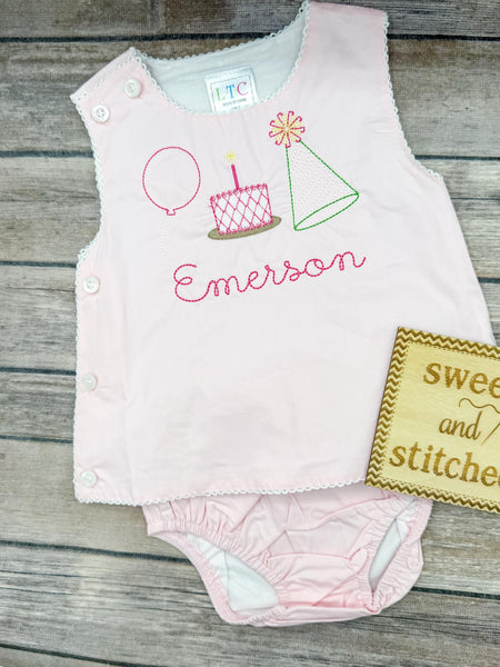 Monogrammed baby girl diaper set with birthday cake trio design, monogrammed birthday outfit, cake smash outfit, bloomer set