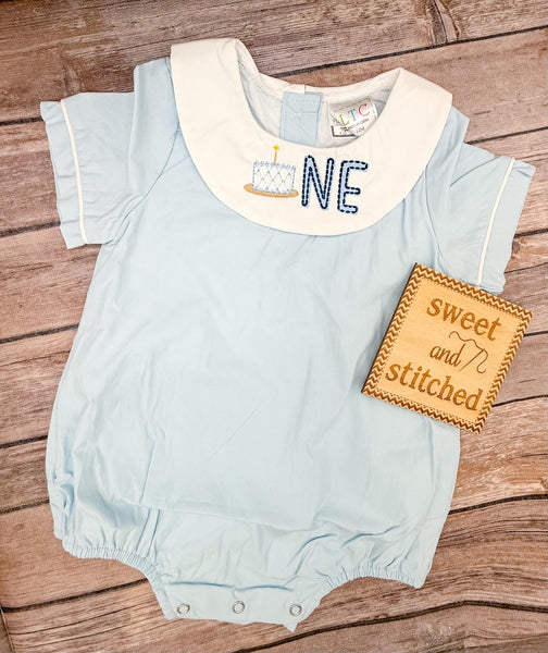Monogrammed baby boy birthday bishop bubble, monogrammed boys cake smash romper with cake and one design
