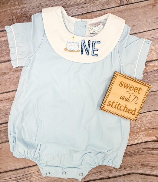 Monogrammed baby boy birthday bishop bubble, monogrammed boys cake smash romper with cake and one design