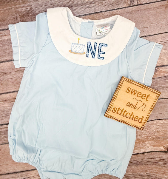 Monogrammed baby boy birthday bishop bubble, monogrammed boys cake smash romper with cake and one design