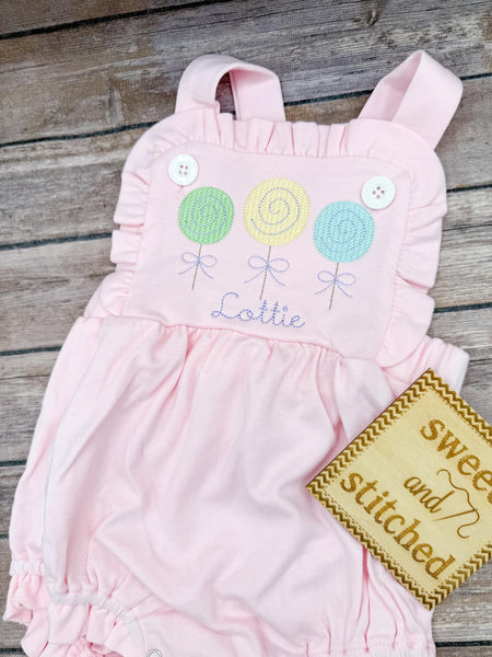 Monogrammed baby girl ruffle bubble with lollipop trio, girls summer outfit, 1st birthday lollipop outfit, lollipop cake smash