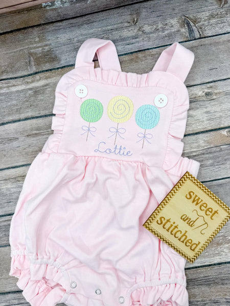 Monogrammed baby girl ruffle bubble with lollipop trio, girls summer outfit, 1st birthday lollipop outfit, lollipop cake smash