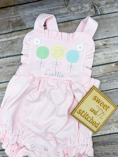 Monogrammed baby girl ruffle bubble with lollipop trio, girls summer outfit, 1st birthday lollipop outfit, lollipop cake smash