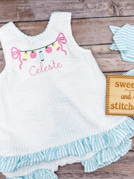 Baby girl swing back to school bloomer set in aqua, girls back to school dress, pencil apple crayon design