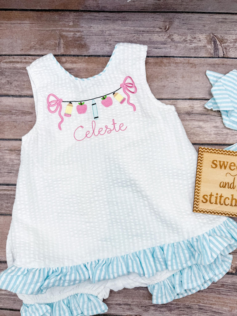 Baby girl swing back to school bloomer set in aqua, girls back to school dress, pencil apple crayon design