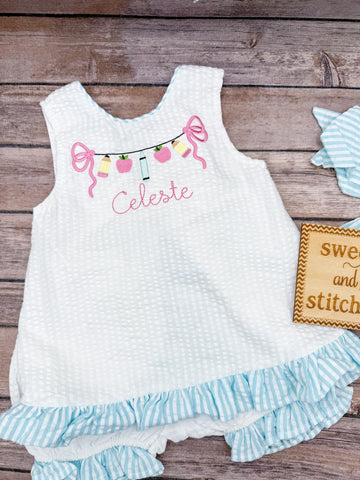Baby girl swing back to school bloomer set in aqua, girls back to school dress, pencil apple crayon design