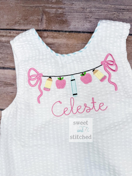 Baby girl swing back to school bloomer set in aqua, girls back to school dress, pencil apple crayon design