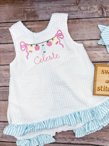 Baby girl swing back to school bloomer set in aqua, girls back to school dress, pencil apple crayon design