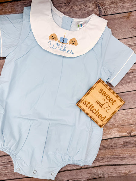 Monogrammed baby boy birthday bishop bubble, monogrammed boys cake smash romper with dogs and cake design