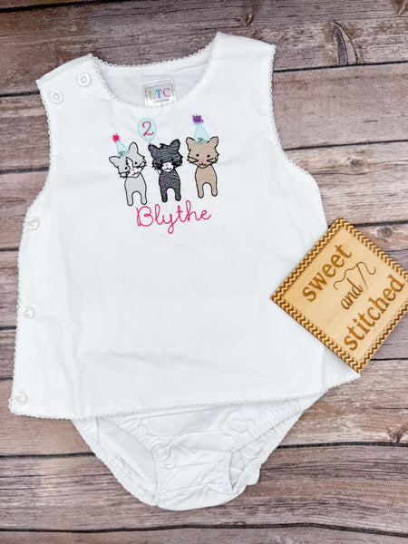 Monogrammed baby girl diaper set with 1st birthday cat design, birthday outfit, cat cake smash outfit