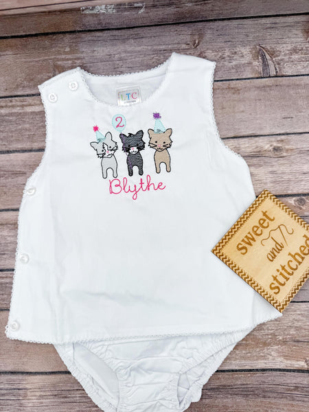 Monogrammed baby girl diaper set with 1st birthday cat design, birthday outfit, cat cake smash outfit