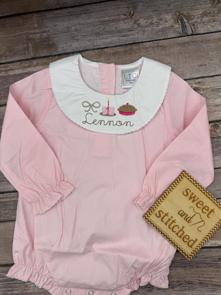 Baby girl monogrammed bishop bubble with pumpkin pie design, 1st birthday outfit, fall cake smash outfit, monogrammed baby girl outfit