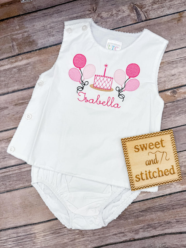 Monogrammed baby girl diaper set with pink ombré balloons and cake design, monogrammed birthday outfit, cake smash outfit, bloomer set