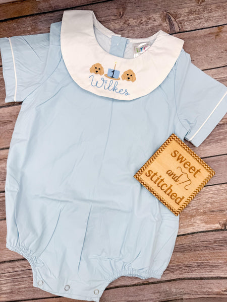 Monogrammed baby boy birthday bishop bubble, monogrammed boys cake smash romper with dogs and cake design