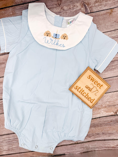 Monogrammed baby boy birthday bishop bubble, monogrammed boys cake smash romper with dogs and cake design