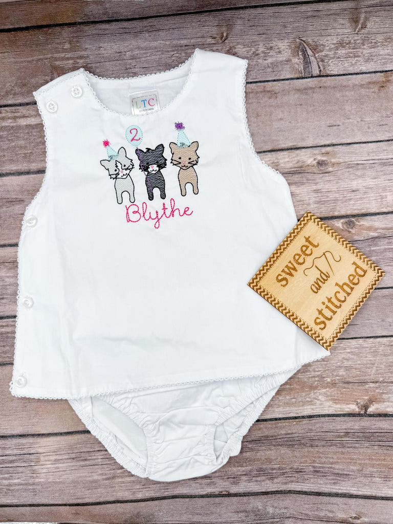 Monogrammed baby girl diaper set with 1st birthday cat design, birthday outfit, cat cake smash outfit