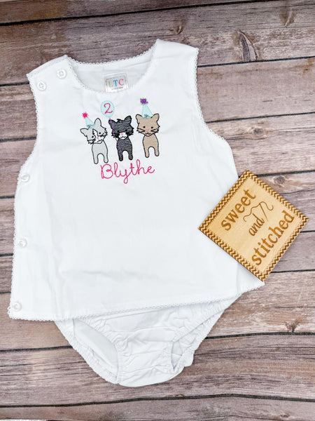 Monogrammed baby girl diaper set with 1st birthday cat design, birthday outfit, cat cake smash outfit